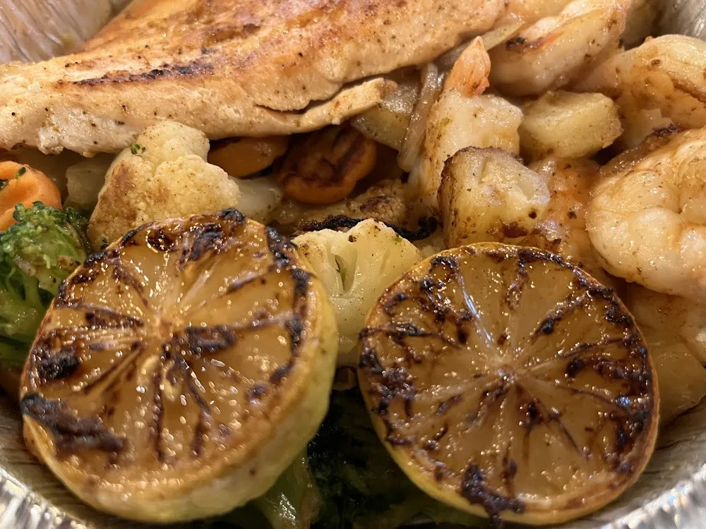 Caribbean Salmon with Grilled Shrimp Pineapple and Vegetables