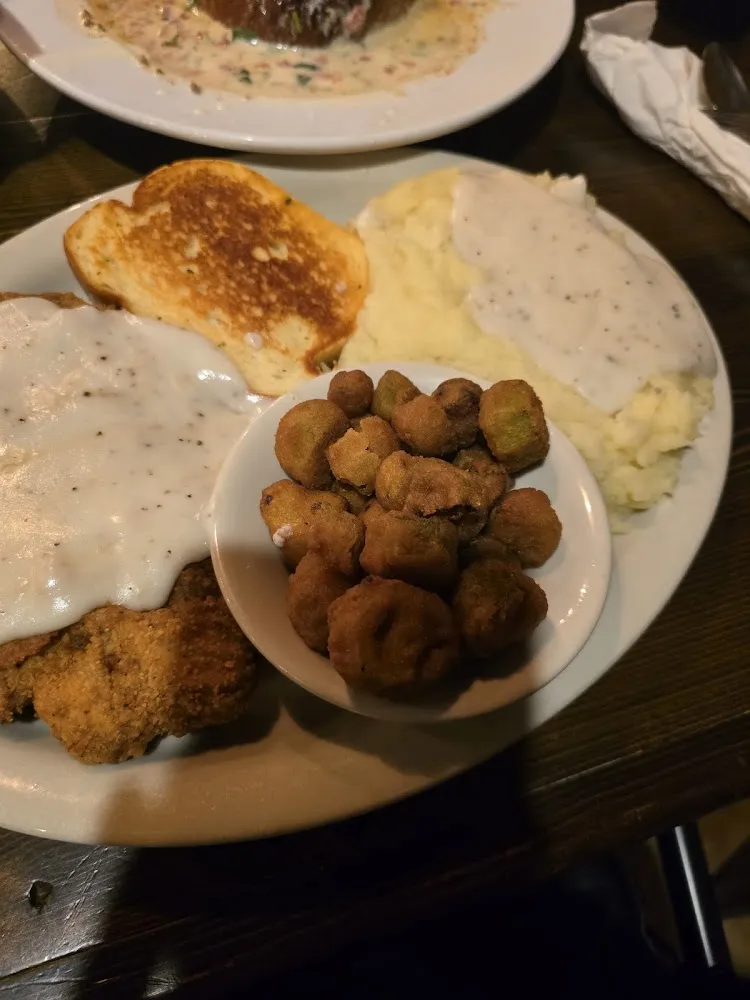 Country Fried Steak Mashed Potatoes Okra and Texas Toast